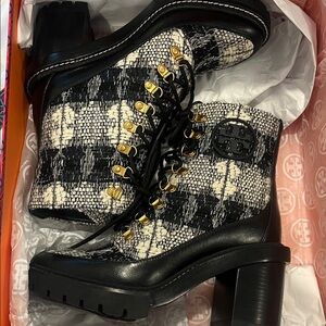 Tory Burch Black and Cream Lace Up Boots